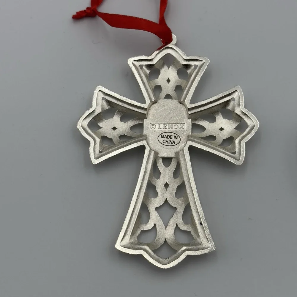 Lot Of 2 Large Lenox Silvertone Cross Heart Ornament Faceted‎ Clear Red Crystal